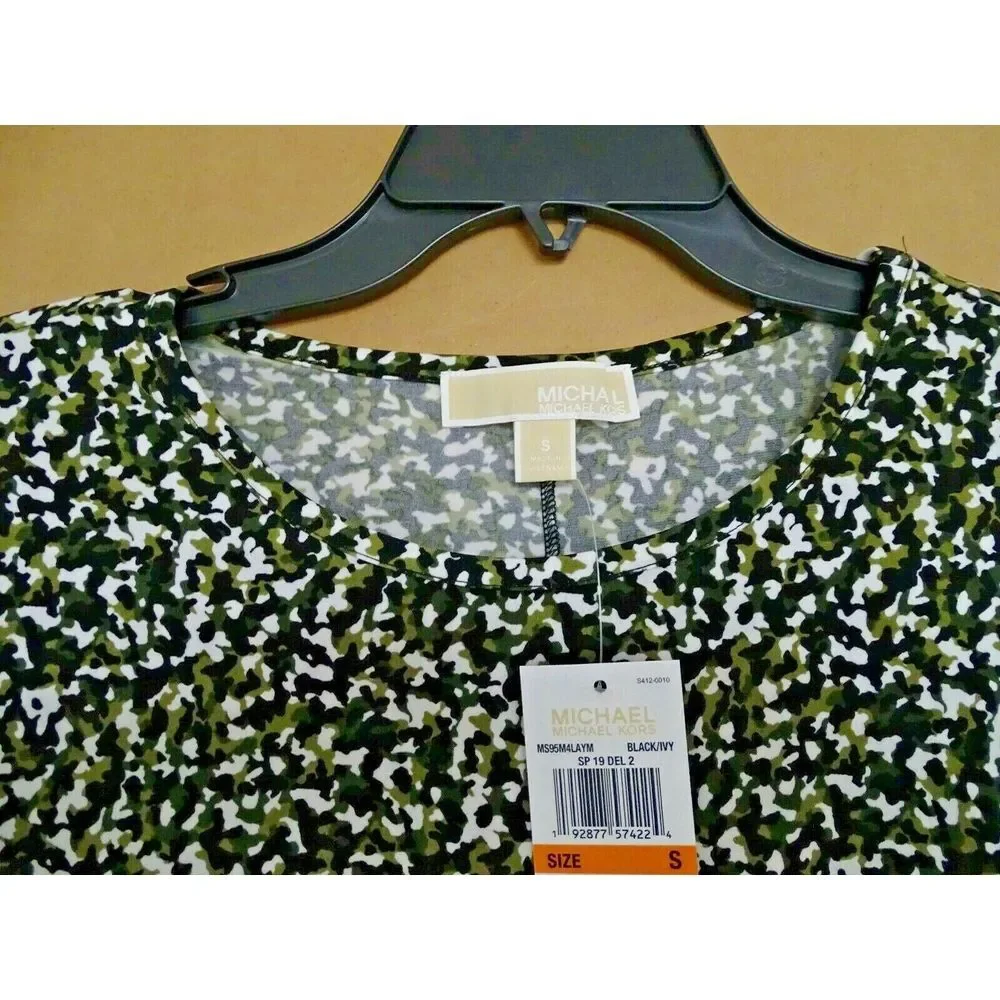 NEW Michael Kors Ruffle Knit Camo Top Sz M Shirt,Blouse Black,White,Olive Green‎